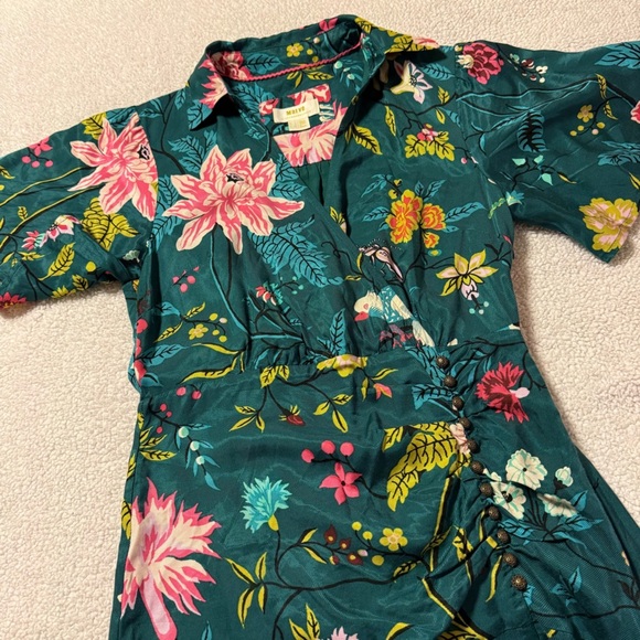 Anthropologie Maeve Green Floral & Bird Print Button-Front Midi Dress Wrap - Picture 12 of 15